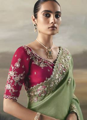 Pista  designer border with designer blouse wedding wear saree 3