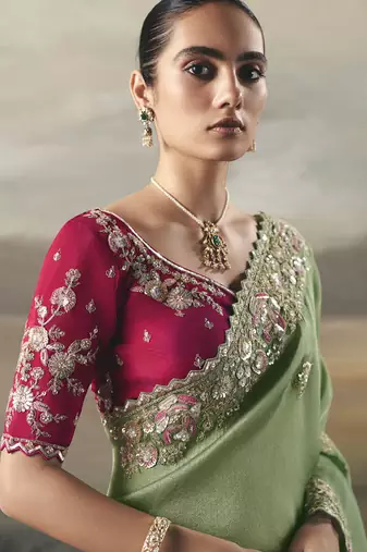 Pista  designer border with designer blouse wedding wear saree