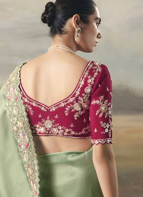 Pista  designer border with designer blouse wedding wear saree 4