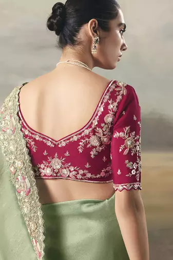 Pista  designer border with designer blouse wedding wear saree
