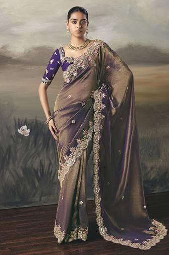 Shaded purple heavy designer border with designer blouse wedding wear saree