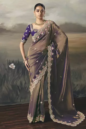 Shaded purple heavy designer border with designer blouse wedding wear saree