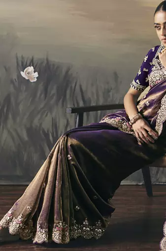 Shaded purple heavy designer border with designer blouse wedding wear saree