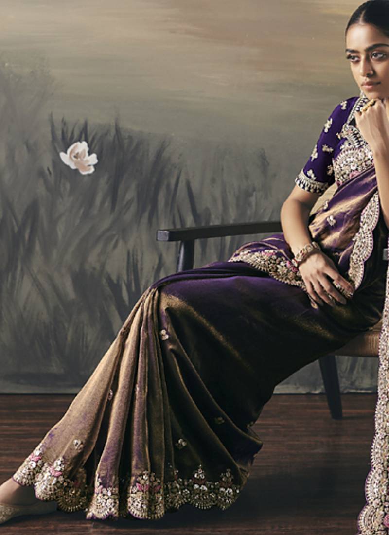 Shaded purple heavy designer border with designer blouse wedding wear saree