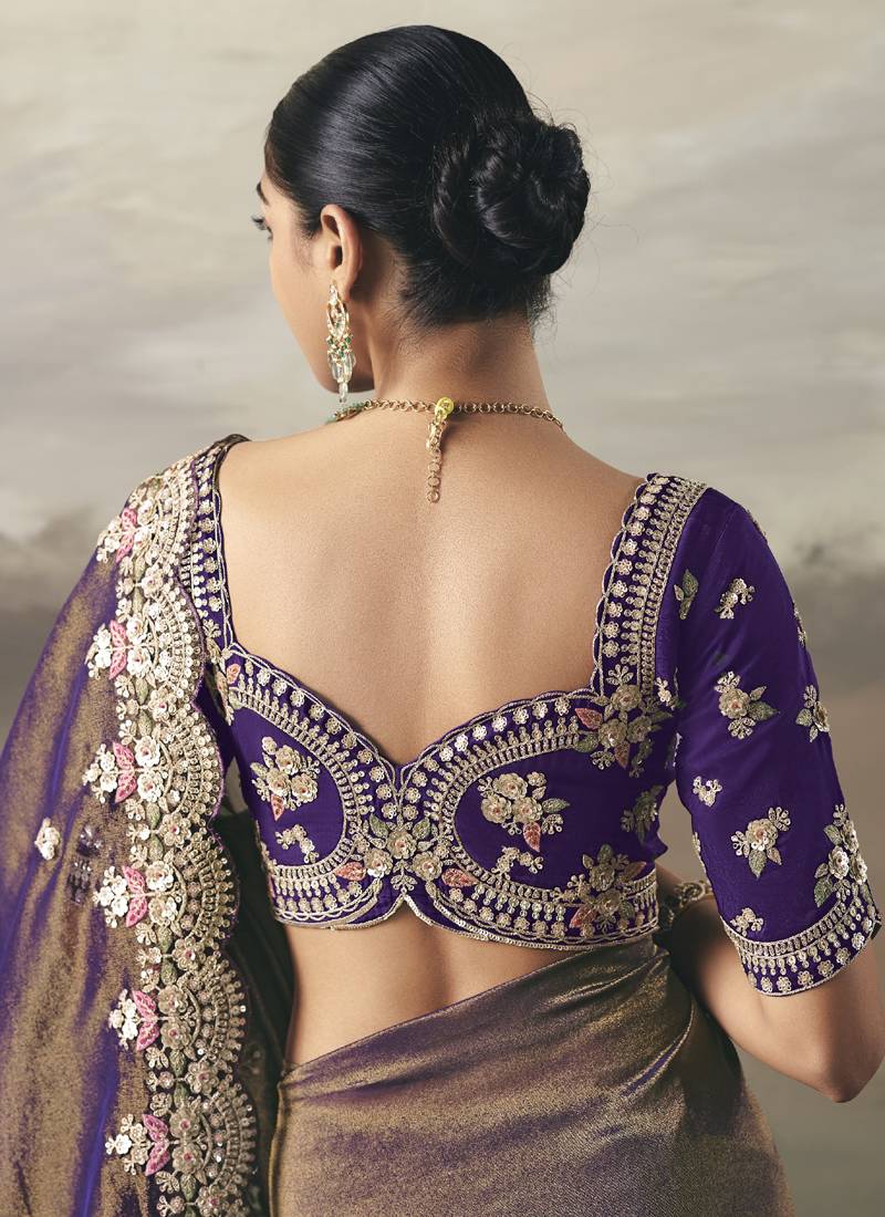 Shaded purple heavy designer border with designer blouse wedding wear saree