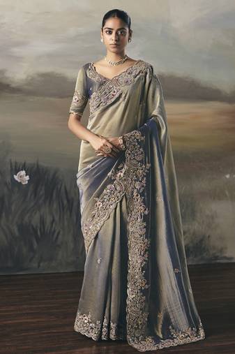 Shaded gray designer border with designer blouse wedding wear saree