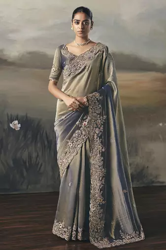 Shaded gray designer border with designer blouse wedding wear saree