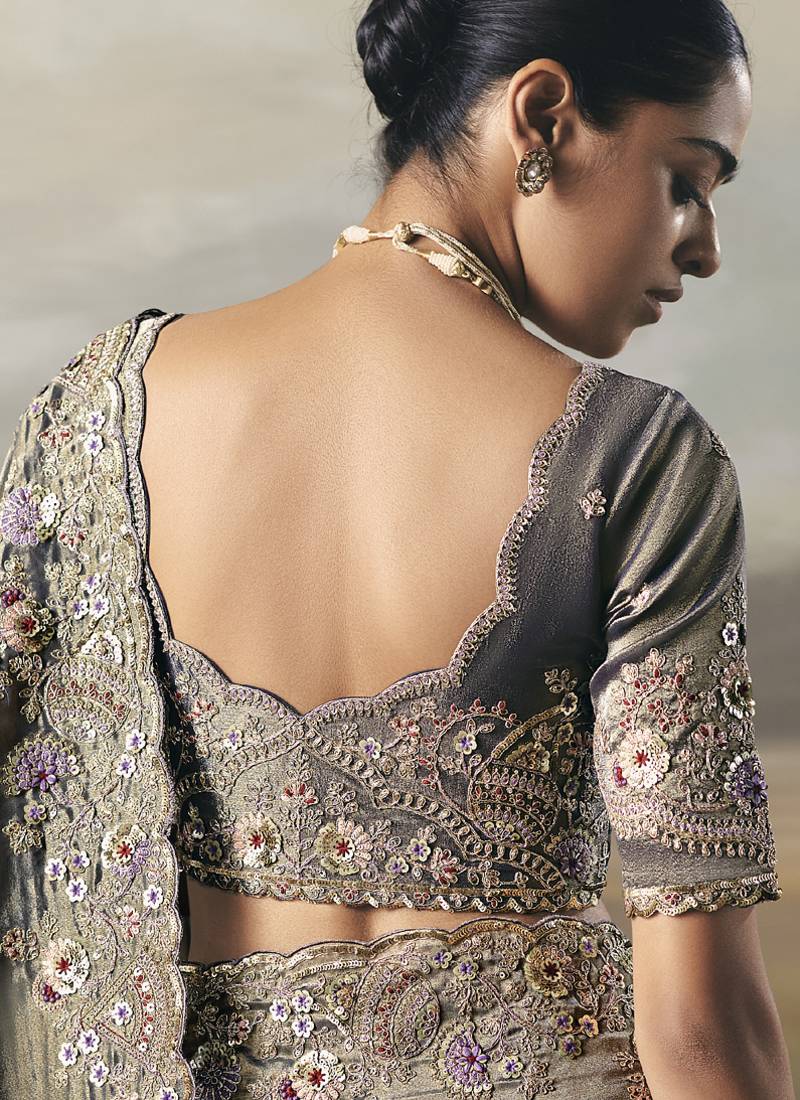 Shaded gray designer border with designer blouse wedding wear saree