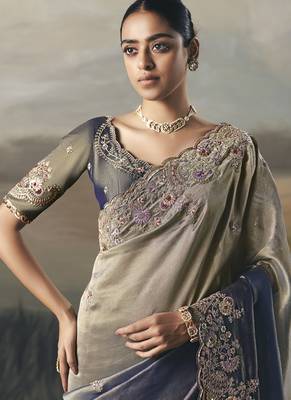 Shaded gray designer border with designer blouse wedding wear saree 3