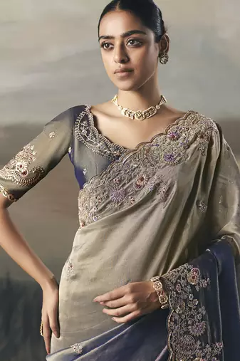 Shaded gray designer border with designer blouse wedding wear saree