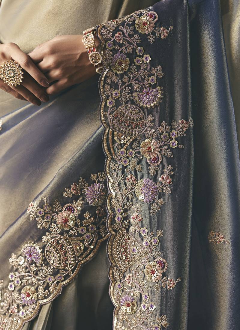 Shaded gray designer border with designer blouse wedding wear saree