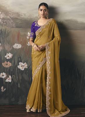 Mustard designer border with designer blouse wedding wear saree 1