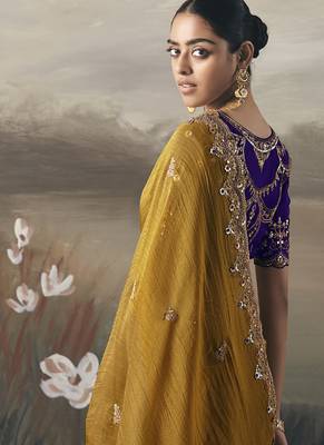 Mustard designer border with designer blouse wedding wear saree 2