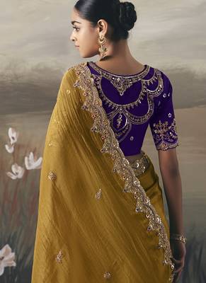 Mustard designer border with designer blouse wedding wear saree 3