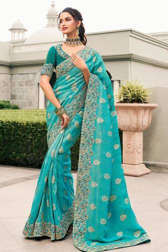  sky blue multi thread work  viscose saree with unstitched blouse