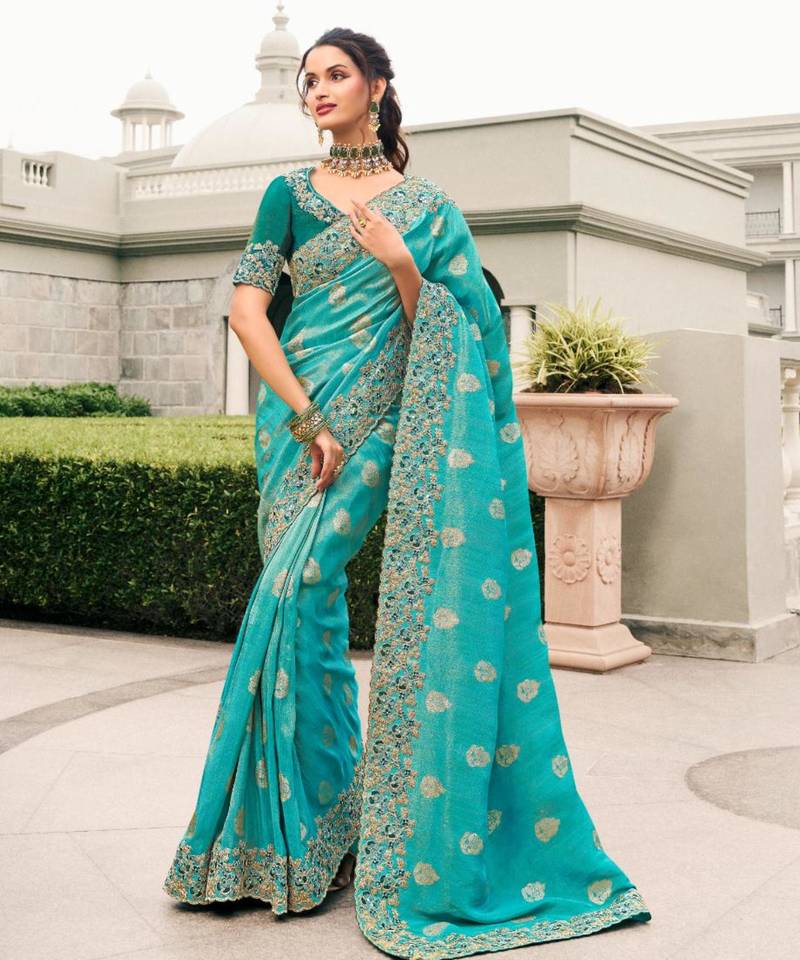  sky blue multi thread work  viscose saree with unstitched blouse