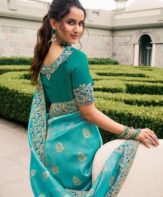  sky blue multi thread work  viscose saree with unstitched blouse 2