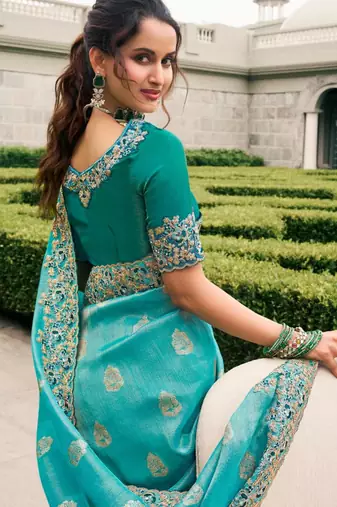  sky blue multi thread work  viscose saree with unstitched blouse