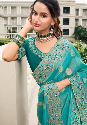  sky blue multi thread work  viscose saree with unstitched blouse 3