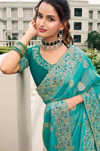  sky blue multi thread work  viscose saree with unstitched blouse