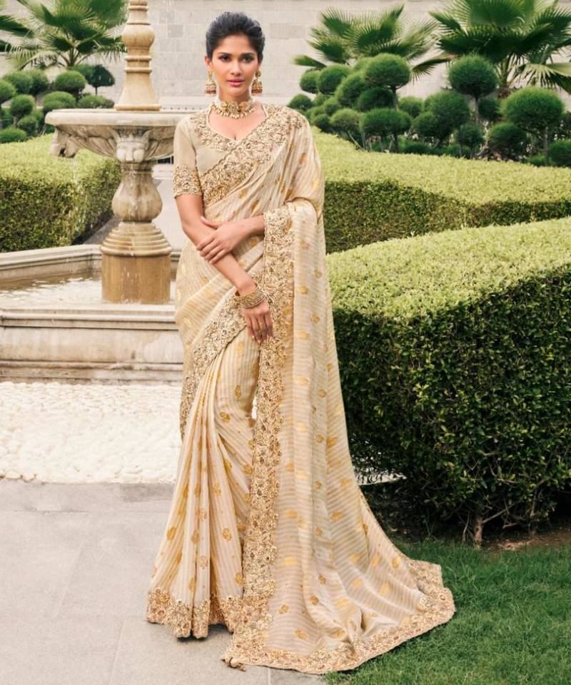  off white resham & zari embroidery  viscose saree with unstitched blouse