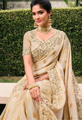  off white resham & zari embroidery  viscose saree with unstitched blouse 3