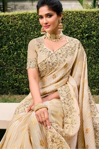  off white resham & zari embroidery  viscose saree with unstitched blouse