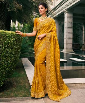 mustard multi work  viscose saree with unstitched blouse 1