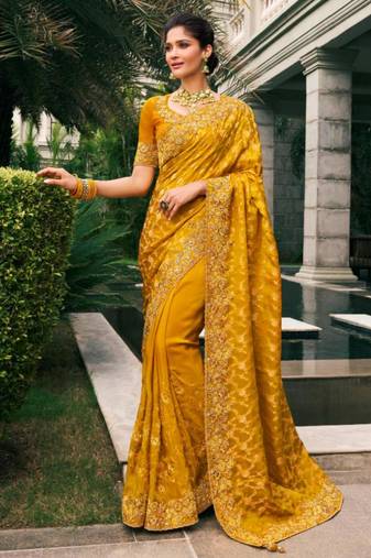 mustard multi work  viscose saree with unstitched blouse