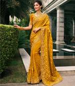 mustard multi work  viscose saree with unstitched blouse