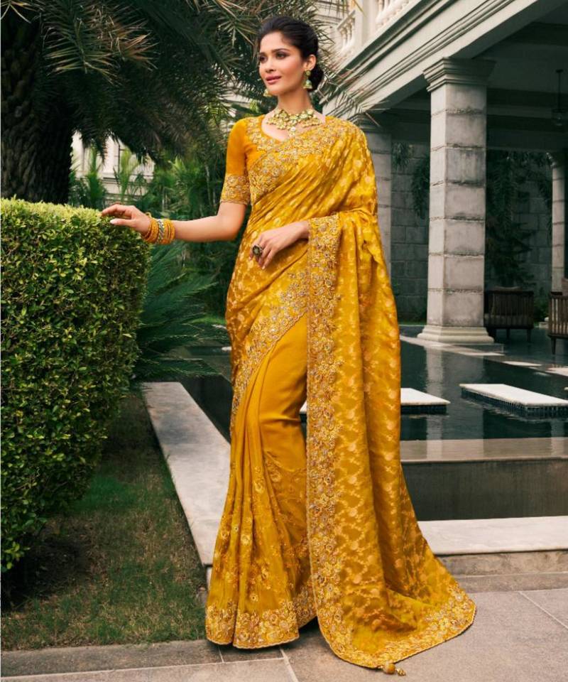 mustard multi work  viscose saree with unstitched blouse