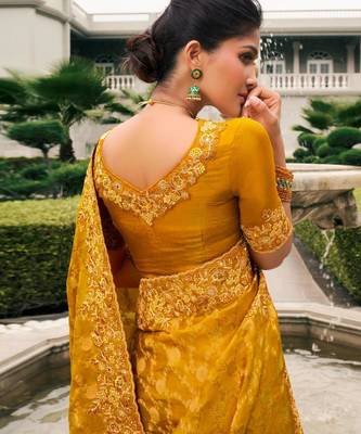 mustard multi work  viscose saree with unstitched blouse 2