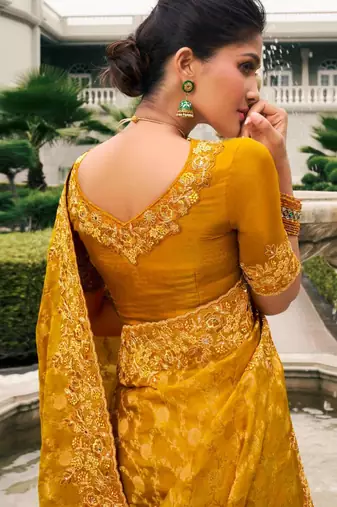 mustard multi work  viscose saree with unstitched blouse