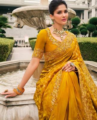 mustard multi work  viscose saree with unstitched blouse 3