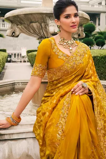 mustard multi work  viscose saree with unstitched blouse