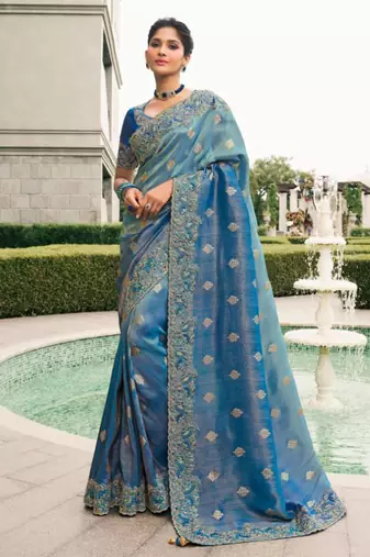 Nevy blue shaded resham & zari embroidery  viscose saree with unstitched blouse