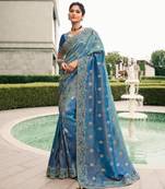 Nevy blue shaded resham & zari embroidery  viscose saree with unstitched blouse