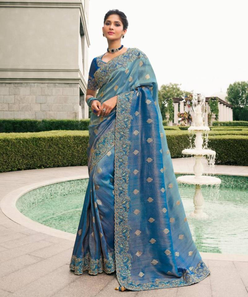 Nevy blue shaded resham & zari embroidery  viscose saree with unstitched blouse