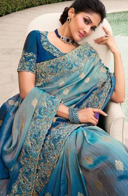 Nevy blue shaded resham & zari embroidery  viscose saree with unstitched blouse 2