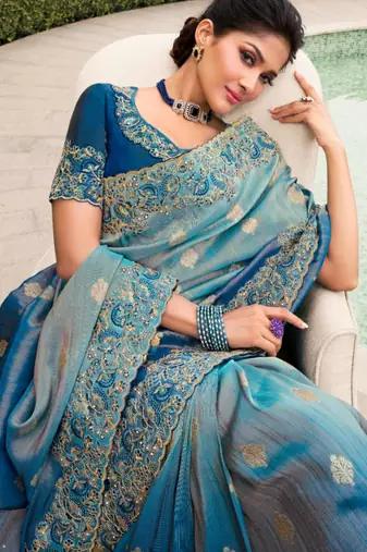 Nevy blue shaded resham & zari embroidery  viscose saree with unstitched blouse
