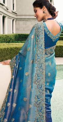 Nevy blue shaded resham & zari embroidery  viscose saree with unstitched blouse 3