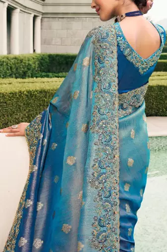 Nevy blue shaded resham & zari embroidery  viscose saree with unstitched blouse