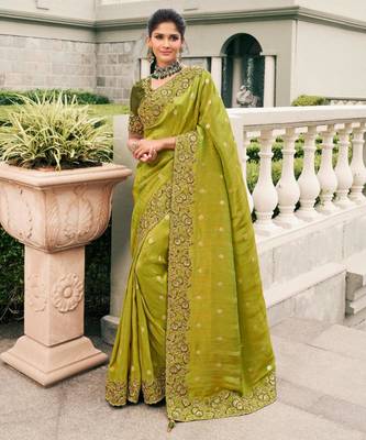  olive green multi work  viscose saree with unstitched blouse 1
