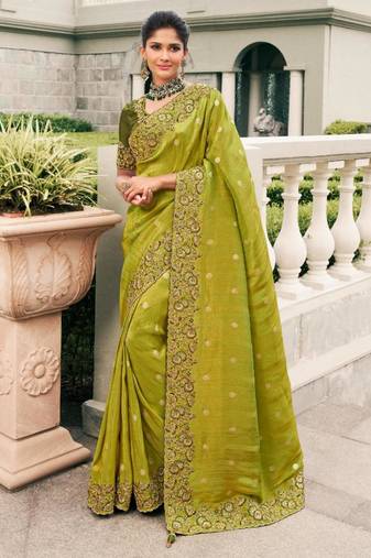  olive green multi work  viscose saree with unstitched blouse