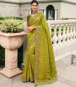  olive green multi work  viscose saree with unstitched blouse