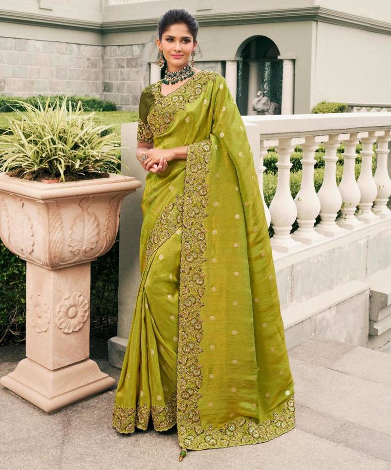  olive green multi work  viscose saree with unstitched blouse