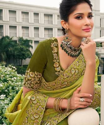  olive green multi work  viscose saree with unstitched blouse 2