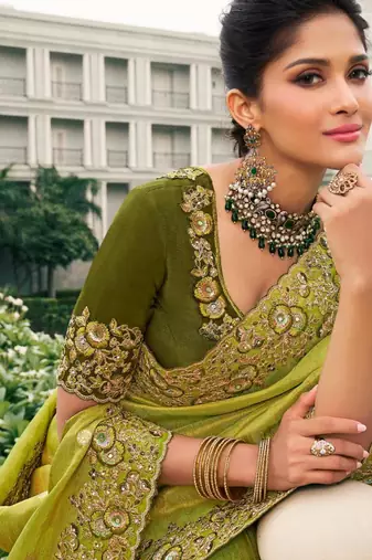  olive green multi work  viscose saree with unstitched blouse