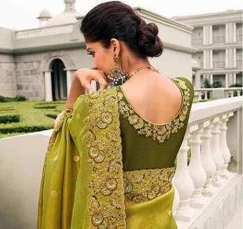  olive green multi work  viscose saree with unstitched blouse 3