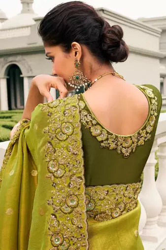  olive green multi work  viscose saree with unstitched blouse
